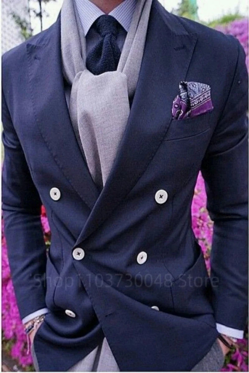 Navy Blue Men's Suit Blazer Prom Party Groom Tuxedos Peak Lapel Double Breasted Formal Bussiness Jacket for WeddingOnly Coat