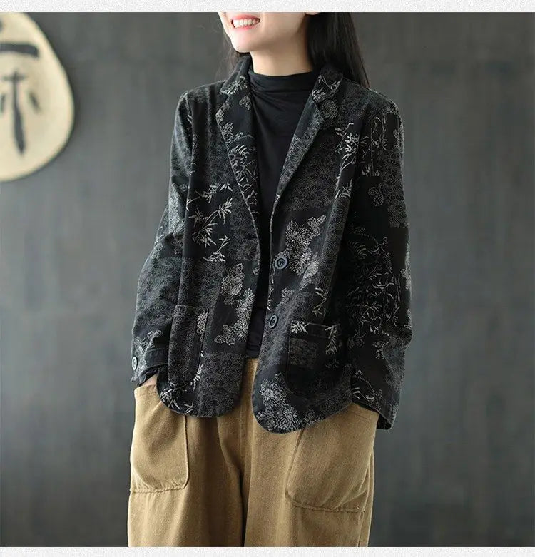 Women's Retro Chinese Style Denim Jacket Bamboo Flower Print Casual Loose Single Breasted Jean Blazer Women Vintage Outerwear