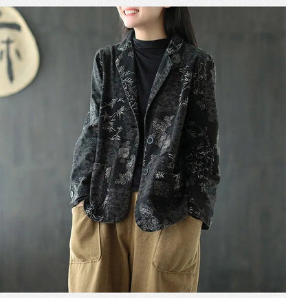 Women's Retro Chinese Style Denim Jacket Bamboo Flower Print Casual Loose Single Breasted Jean Blazer Women Vintage Outerwear