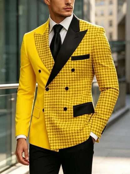 Men's Yellow Houndstooth Double Breasted Blazer Lapel Slim High Quality Formal Wedding Business Party Gentlemen Tuxedo Jacket