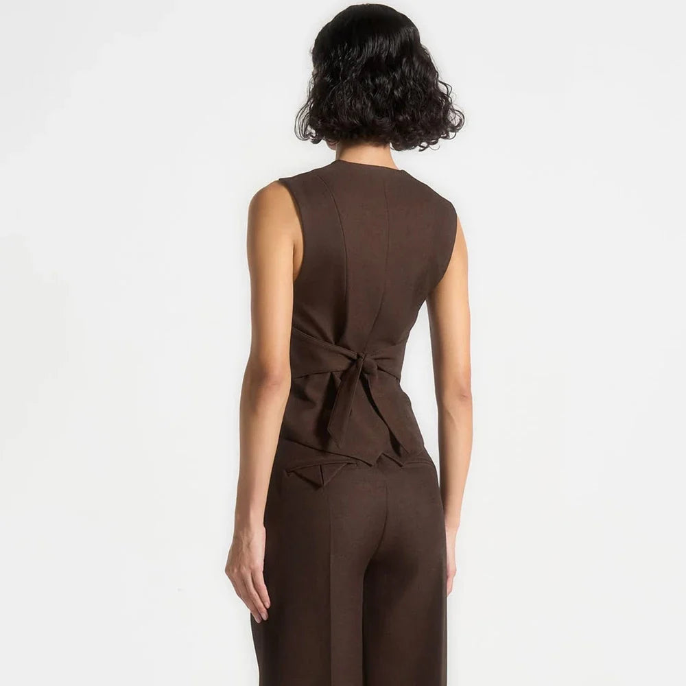 Classic Women Dark Brown Sleeveless 2 Piece Suit Vintage Single Breasted Office Lady Jacket Pantsuit Modern Evening Party Outfit
