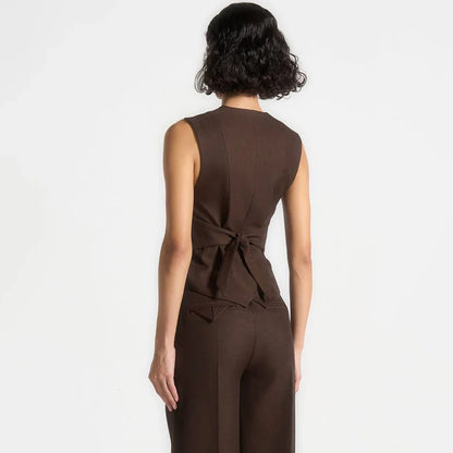Classic Women Dark Brown Sleeveless 2 Piece Suit Vintage Single Breasted Office Lady Jacket Pantsuit Modern Evening Party Outfit