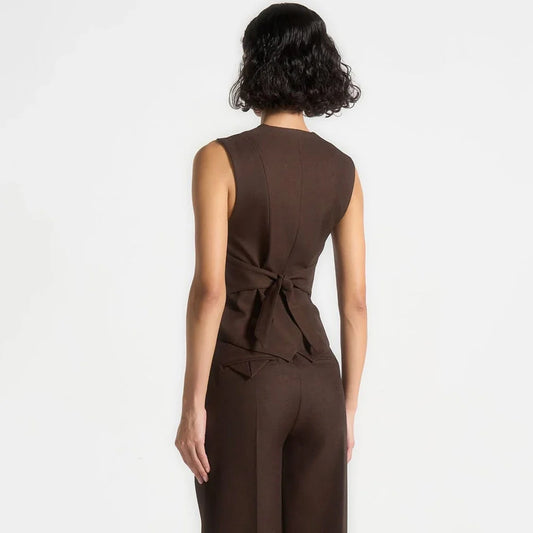 Classic Women Dark Brown Sleeveless 2 Piece Suit Vintage Single Breasted Office Lady Jacket Pantsuit Modern Evening Party Outfit