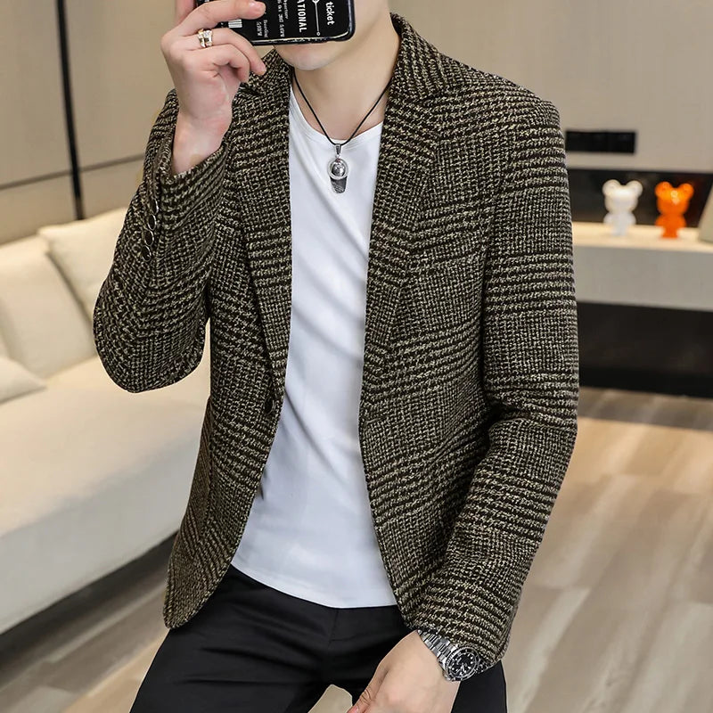 Men's Slim Fit Blazer Single Breasted Plaid Smart Casual Suit Jacket
