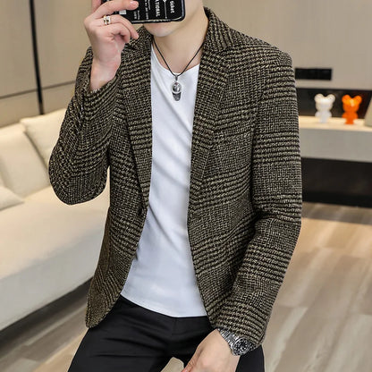 Men's Slim Fit Blazer Single Breasted Plaid Smart Casual Suit Jacket