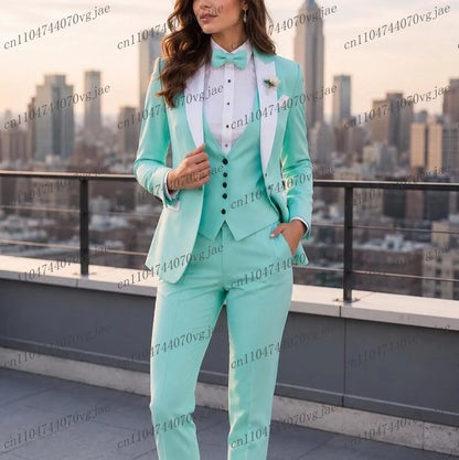 White Collar Blue Green Formal Business Women Suit Wedding Party Prom Ladies Mother Girl Tuxedos 3 Piece Set Blazer Vest Pants