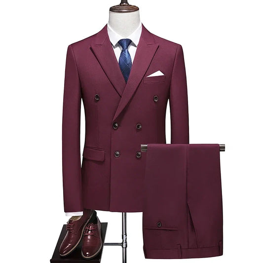 Men's Double Breasted Suit (Blazer + Pants) – Solid Color Smart Casual British Style Plus Size