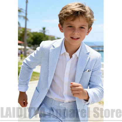 Chic Seersucker Striped Boys Two Piece Suit Notched Lapel Blazer Pants Kids Summer Beach Wedding Page Boy Casual Daily Outfit