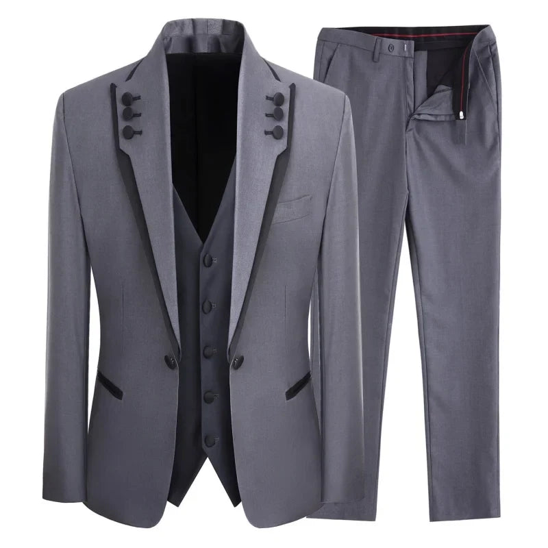 Men Suit 3 Piece Gray Single Button With Black Ruffle For Wedding Groom Banquet Birthday Work Tuxedo Jacket Vest With Pants