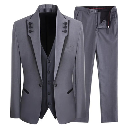 Men Suit 3 Piece Gray Single Button With Black Ruffle For Wedding Groom Banquet Birthday Work Tuxedo Jacket Vest With Pants