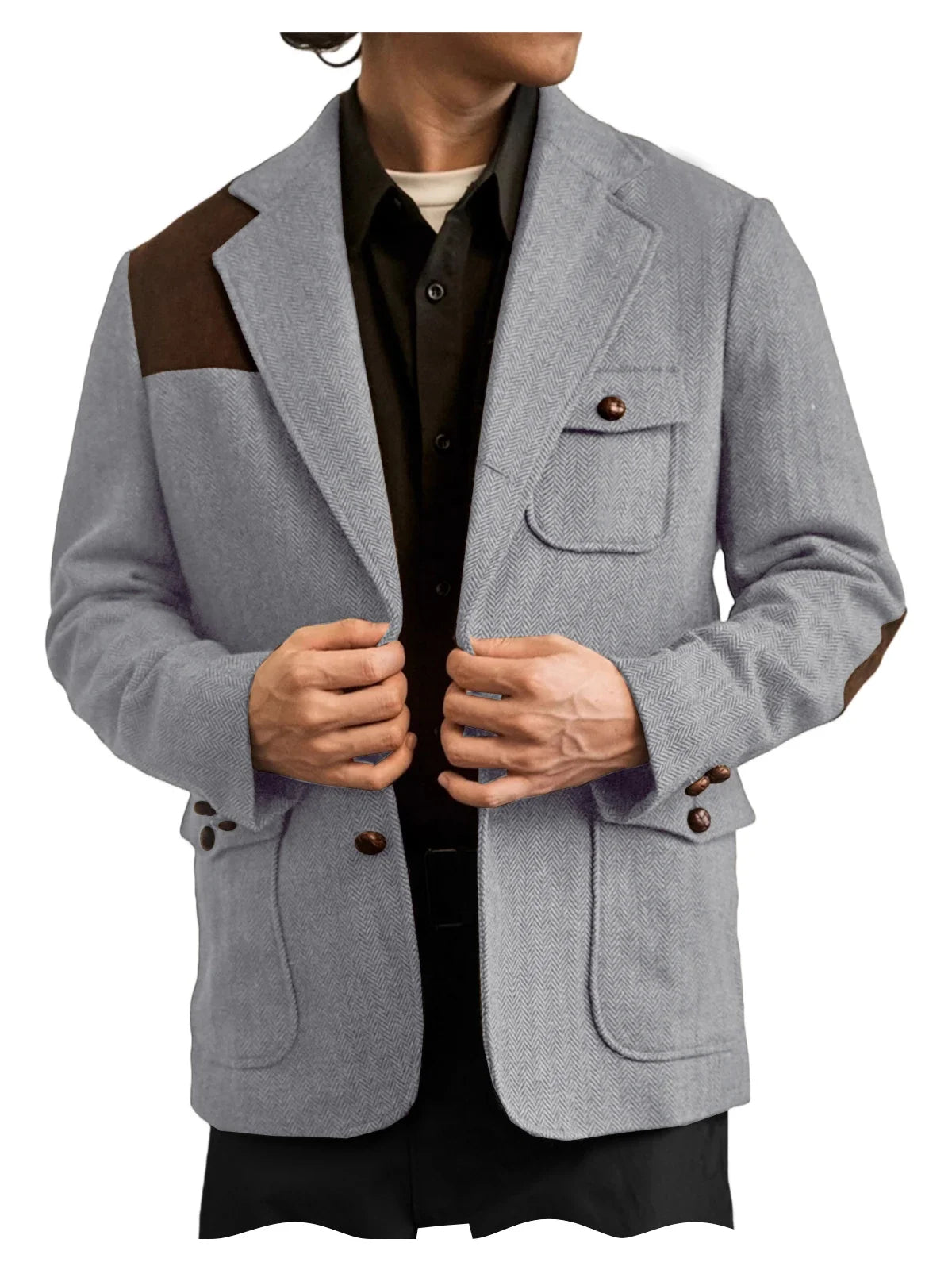Men's Herringbone Tweed Blazer Shoulder Patchwork Suede Notch Lapel Suit Jacket Classic Fit Casual Business Vintage Sport Coat