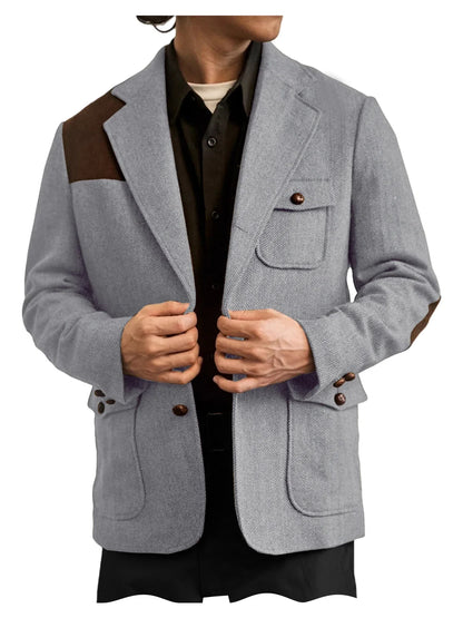 Men's Herringbone Tweed Blazer Shoulder Patchwork Suede Notch Lapel Suit Jacket Classic Fit Casual Business Vintage Sport Coat
