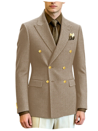 Men's Houndstooth Double Breasted Blazer Vintage Slim Jacket  Fit Formal Business Wedding Party Coat For Men Autumn Winter