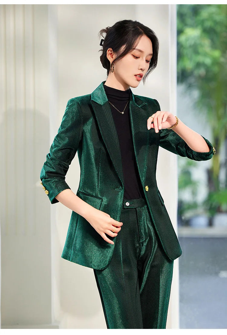 Pleuche Two Piece Sets Womens Outifits 2024 New Fashion Slim Elegant Long Sleeve Blazer Office Lady Flare Pants Suits