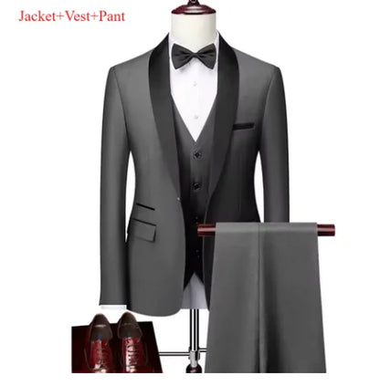 Men's black 3-piece slim fit elegant formal casual 3-piece set jacket vest pants business wedding dance regular sports jacket
