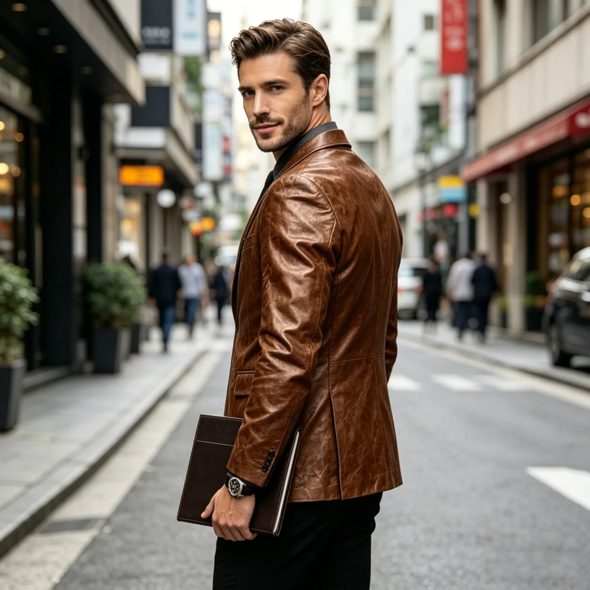Vintage Wrinkled Men's PU Leather Blazer Slim Fit Notched Lapel Business Suit Jacket Two Button Casual Sport Coats for Office