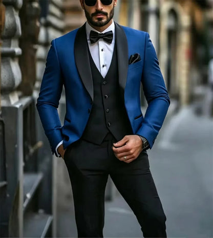 Men's 3-Piece Suit with Black Lapels for Wedding and Formal Occasions