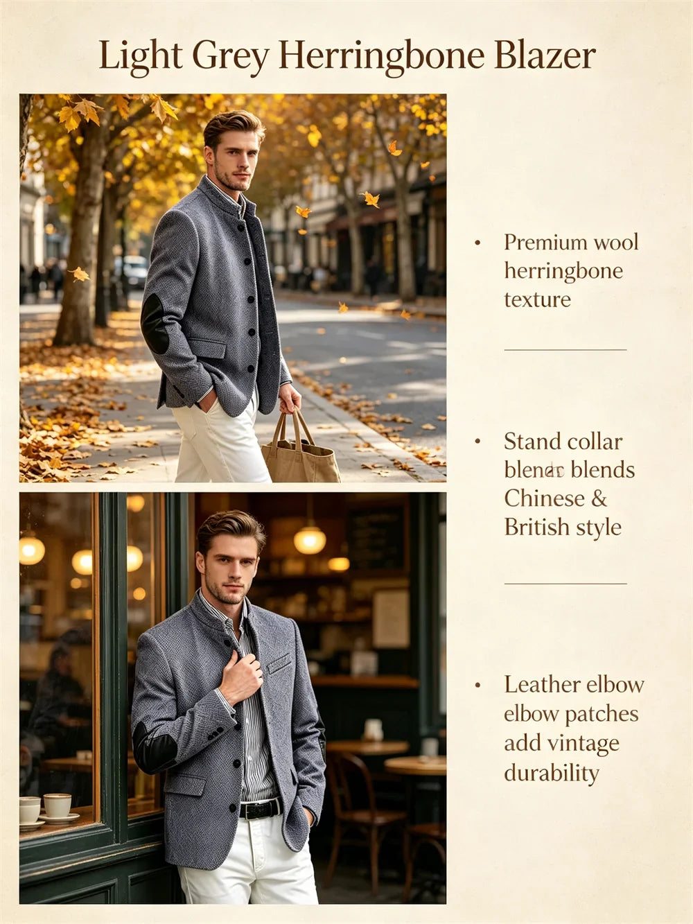 Men's Herringbone Tweed Blazer With Elbow Patches Retro Stand Collar Jacket Slim Fit Daily Party Business Casual Sport Coat ﻿