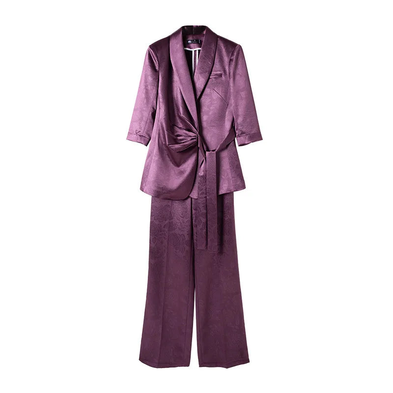 Designer Splicing Women Senior Luxurious Blazer Suit Pants Set Soft Satin Silk Office Lady Solid Coat Big Size Elegant Jacket