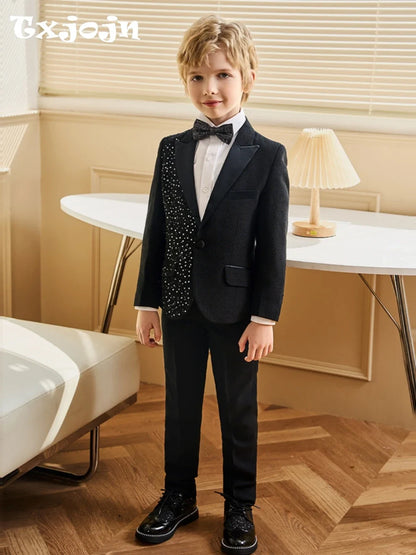 Exquisite Beaded Boys Suits 3 Pieces Jacket Pants Bow-tie Birthday Party Wear Handsome Kids Suit Set For Performance