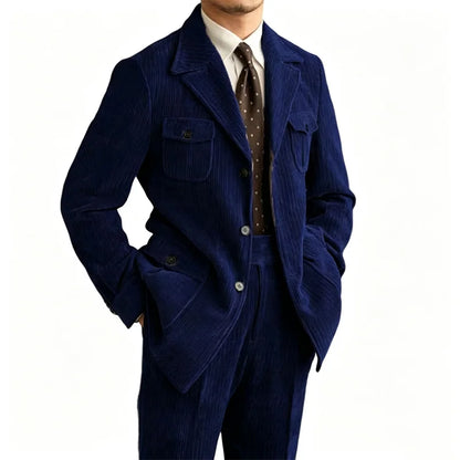 Men's Retro Corduroy 2 Pieces Suit Multi Flap Pockets Safari Blazer Matching Trousers For Formal Daily Party Wedding Business