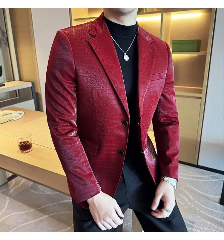2026 Crocodile Patterned Leather Suit Jacket Men Slim Fit Business Casual Leather Jacket Wedding Groom Party Work Men Blazers