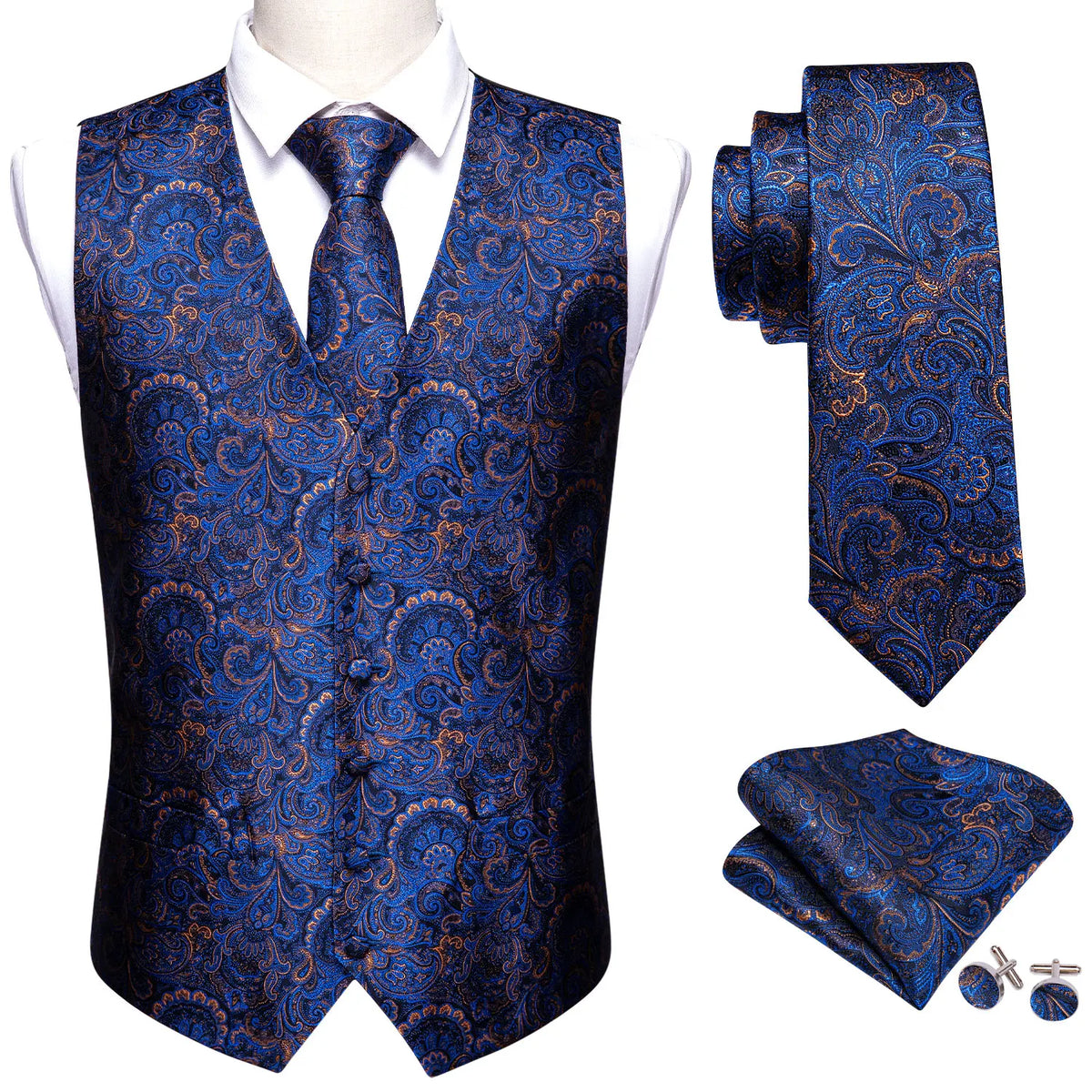 Men's Vest Embroidered Paisley Floral Waistcoat for Formal and Casual Wear — Green, Blue, Silver, Gray, Gold, Pink