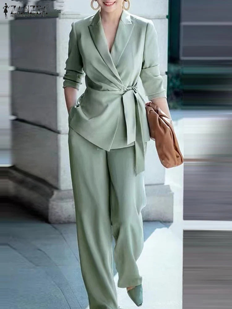 Spring 2pcs Office Women Matching Sets Solid Work OL Blazer Suits Fashion Long Sleeve Shirt Wide Leg Pant Sets Outfit 2026