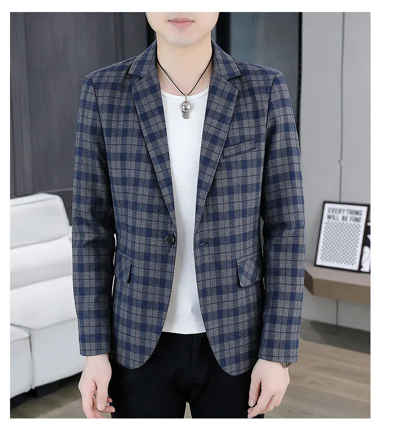 Men's Smart Casual Plaid Blazer – Single Breasted, Slim Fit, Spring Autumn
