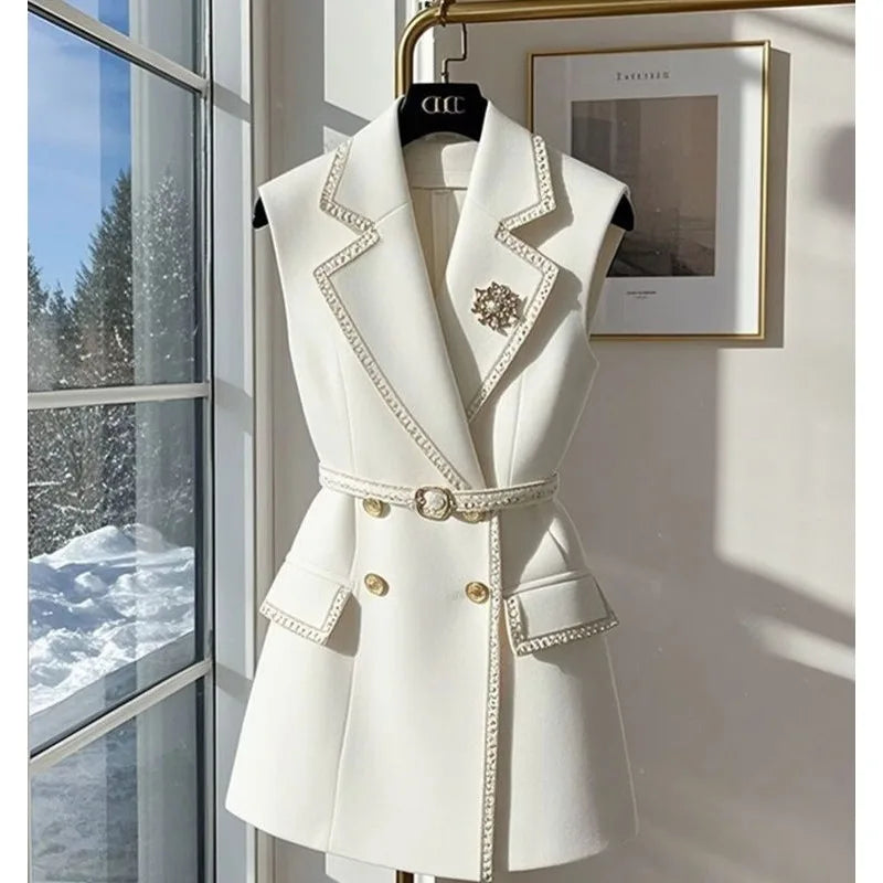 2 Piece White Jacket with Belt Summer Cotton Sleeveless Blazers Vest British Notched Double-breasted Office Lady Formal Elegant