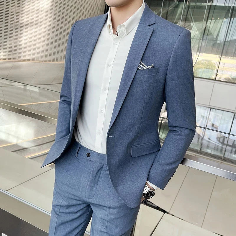 Men's Slim Fit Solid Color Two-Piece Suit Set for Wedding & Formal Occasions