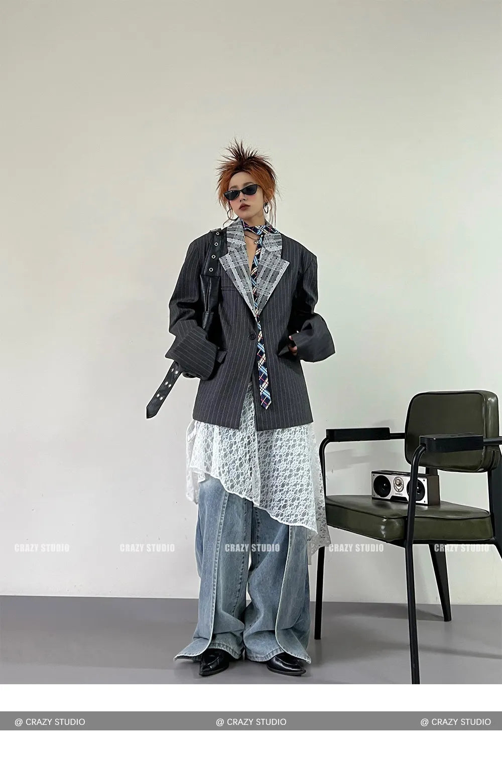 Women's Dark Grey Striped Blazer Jacket Y2k 2000s Vintage Suit Coat Fashion Casual Long Sleeve V-Neck Oversize Outerwear Autumn