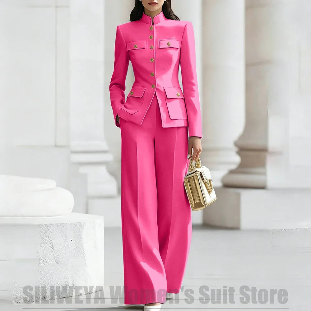 Women's Ivory Suit Mandarin Collar 2 Piece Military Style Gold Buttons Blazer Wide Leg Pants Wedding Party Prom Lady Suits