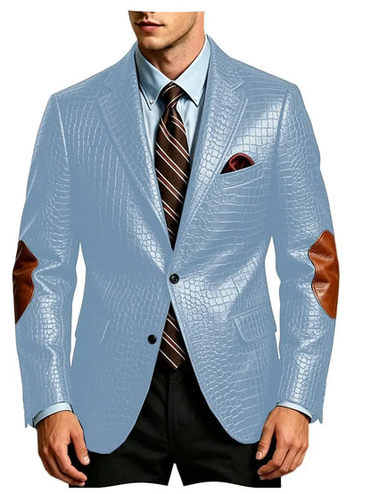 Men's Crocodile Embossed Leather Brown Jacket Patchwork Lapel Collar Slim Fit Luxury PU Blazer For Business Casual Party