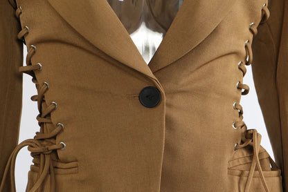 Spring Autumn New Women Blazer Notched Collar Single Button Lace-Up Waist Cinching Slim Fit Elegant Fashion Jackets HK13264