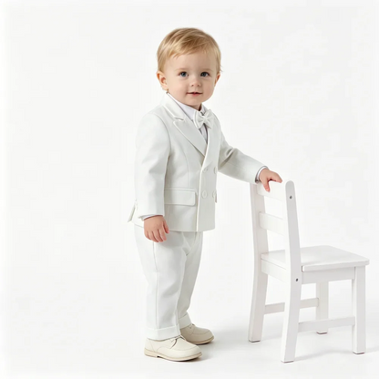 Boys White Wedding Suit Set Kids Formal Double‑Breasted Blazer Bow Tie Pants Outfit Toddler Party Christening Gentleman Costume
