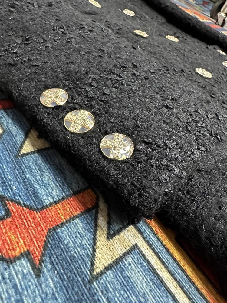 Double Breasted Office Ladies Elegant Black Tweed Jacket Mid Length Fashion Coat Spring Autumn Lapel Straight Women Suit Jacket