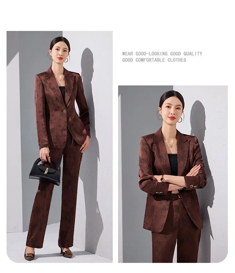 Two-Piece Leaf Print Blazer Pantsuits Set for Women Office Ladies Business Single Buttons Formal Spring Autumn Trousers Suit
