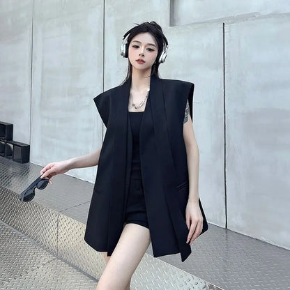 Women Black Blazer Vest Spring Autumn Casual Sleeveless Suits Jacket Female Korean All-Match Blazers Waistcoat Loose Outwear Top