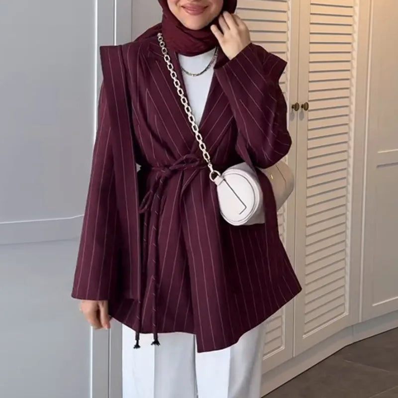 Spring Autumn New Women Blazer Turn-down Collar Long Sleeve Lace-up Waist Cinching Elegant Fashion Office Lady Coat HK16723