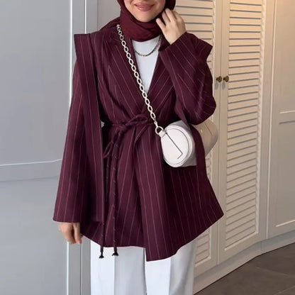 Spring Autumn New Women Blazer Turn-down Collar Long Sleeve Lace-up Waist Cinching Elegant Fashion Office Lady Coat HK16723