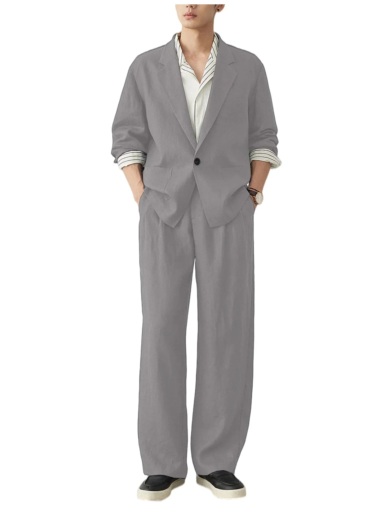 Men's Linen Blazer Suit Set Lightweight Breathable Casual Jacket Business Vacation Party Wedding Spring Summer Autumn Daily Wear