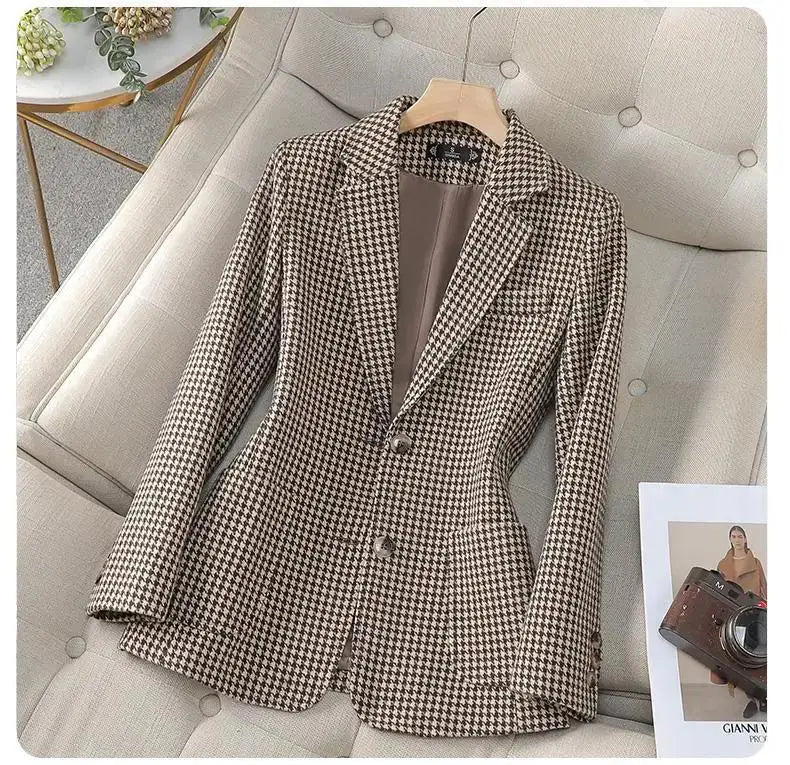 Women Office Ladies Single Breasted Slim Blazer Coat Autumn Winter Fashion Plaid Temperament Long Sleeved Elegant Tops Vacation