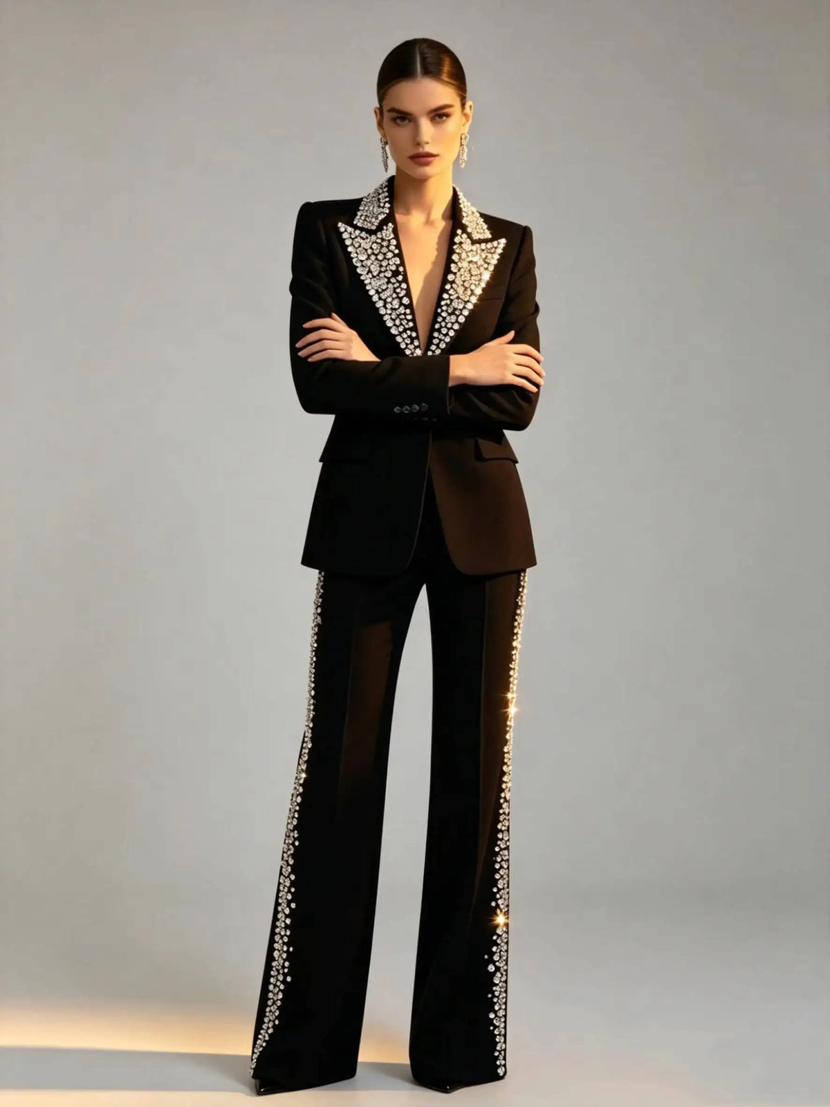 Fashion Crystals 2 Pieces Suits Peaked Lapel Jacket Plus Size Women Ladies Prom Evening Guest Formal Wear Coat Customized