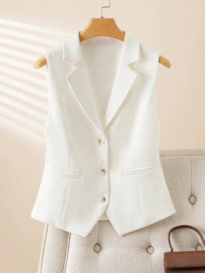 Fashionable White Short Suit Collar Vest for Women, Spring & Fall Style, Workplace Elegant, Slim and Versatile Sleeveless Vest t