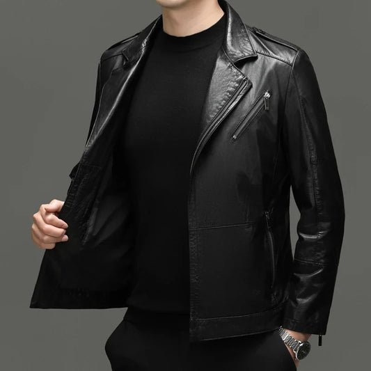 Men's Genuine Leather Blazer Smart Casual Zipper Jacket