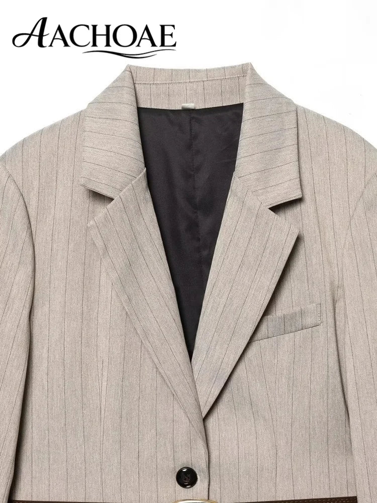 Women's Belted Stripe Blazer Jacket Structured Slim Suit Coat  Office Chic Long Sleeve Tailored Waist Belt Jacket Women