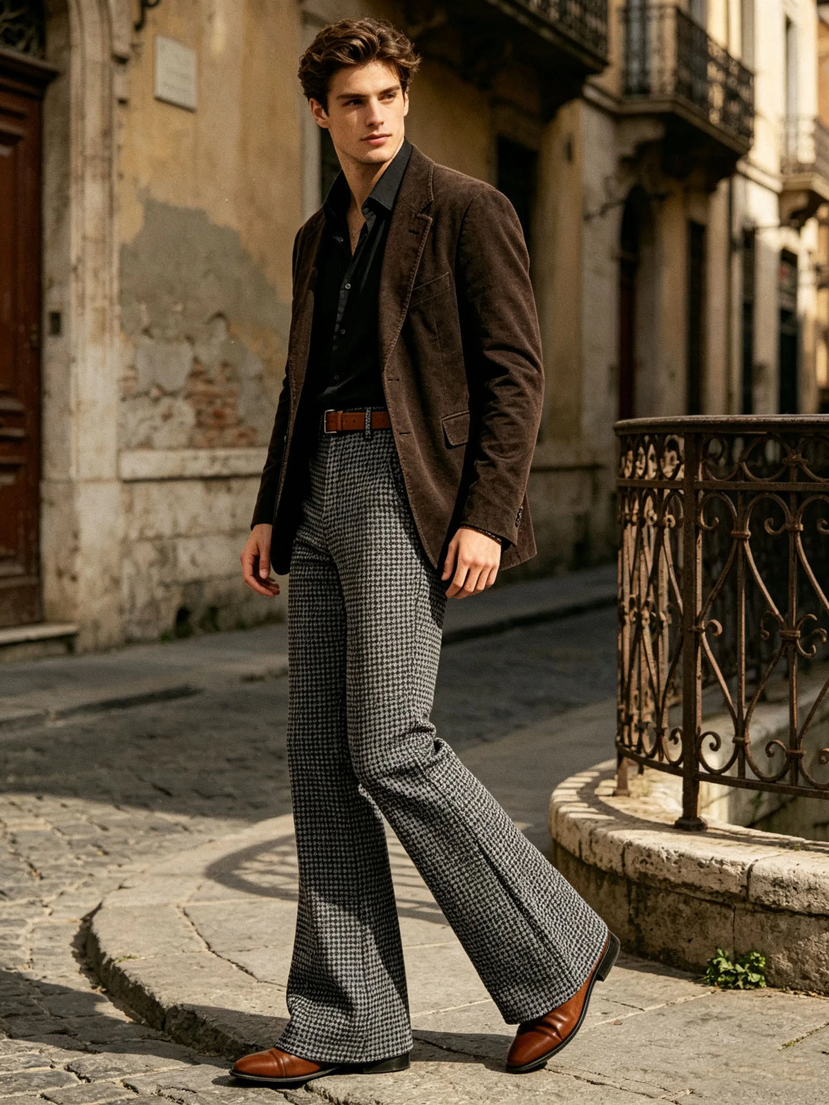 Houndstooth Patten Men Bell Bottom Pants Vintage Adjustable Waist Flared Trousers 60s70s Disco Man Slim Fit Pant For Dance Party