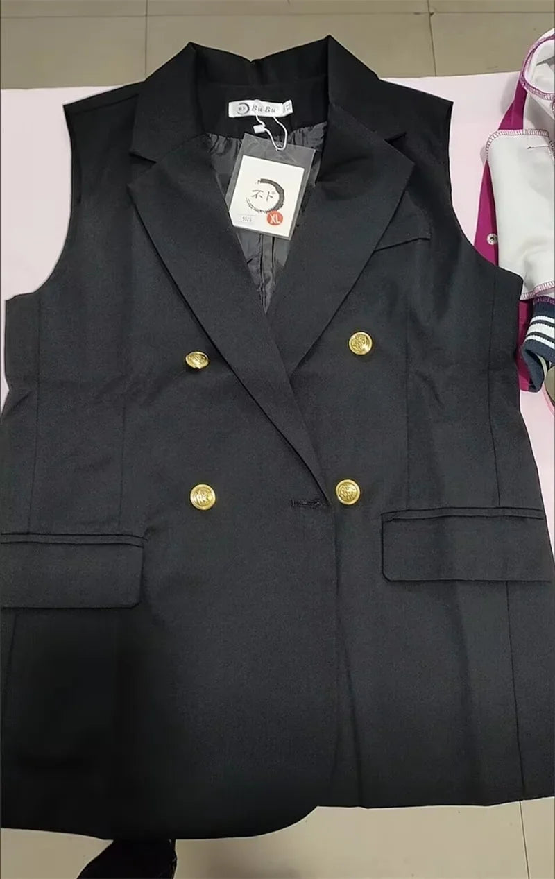 Women Spring Suit Jacket With Lined Waistcoat Female Korean Solid Color Loose Double Breasted Casual Blazers Vest Tops Jacket