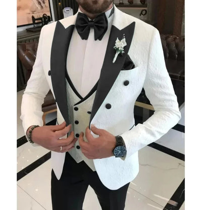 Men's Floral Wedding Tuxedo 3-Piece Set Double Breasted Jacket with Vest Peak Lapel Groom's Fashion Suit Male Wedding Attire